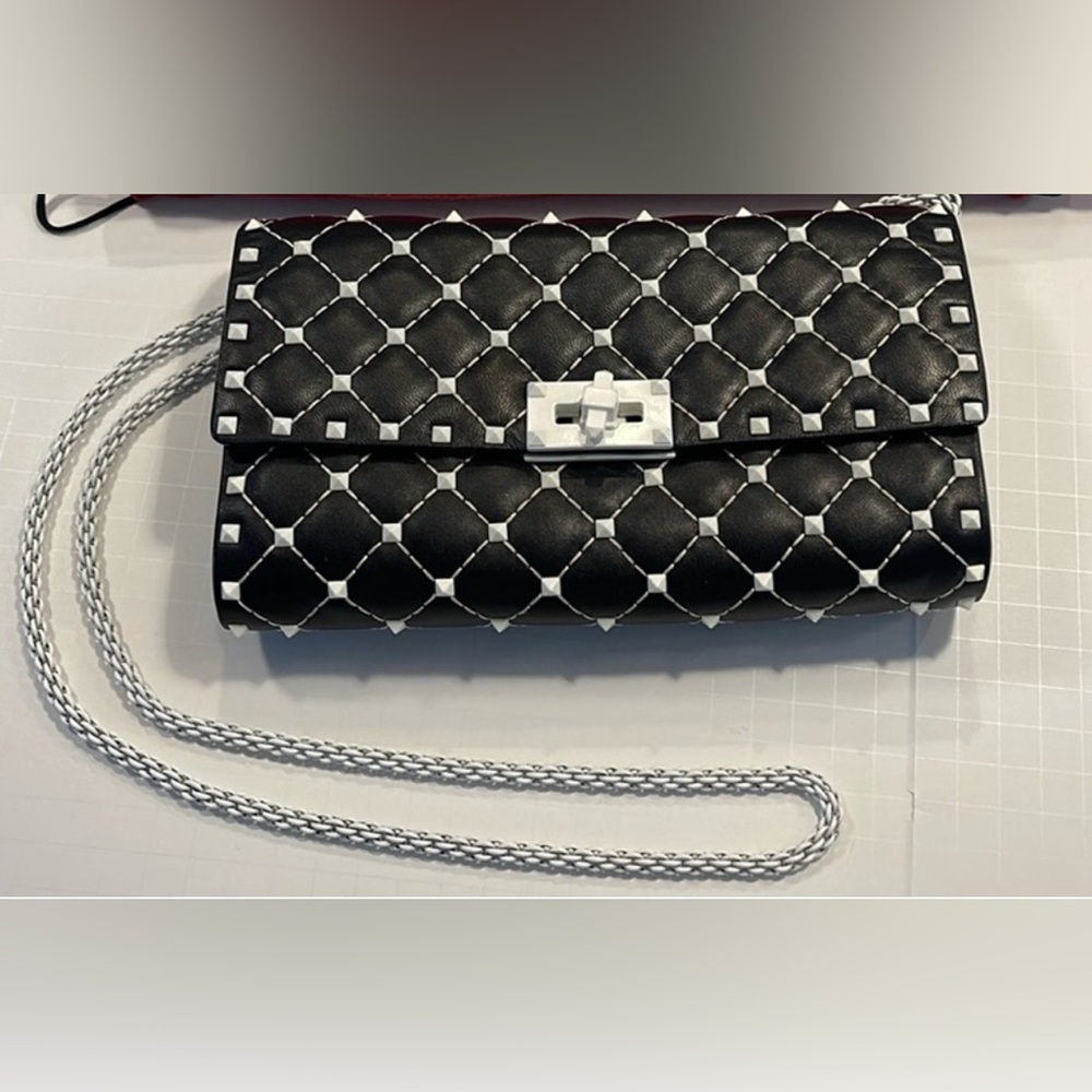 Valentino Black with White Rockstuds Wallet on a White Chain